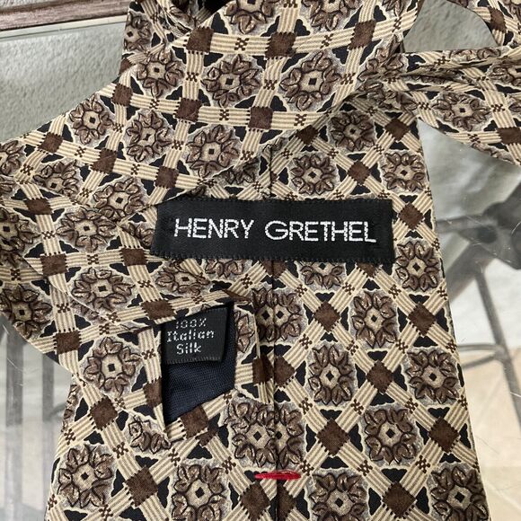 HENRY GRETHEL Men’s Italian silk tie Geo Aztec Pattern Browns Made in the  USA - Picture 3 of 15